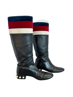 GUCCI ‘Jem’ black leather faux Pearl red blue white velvet stripe riding boot 39